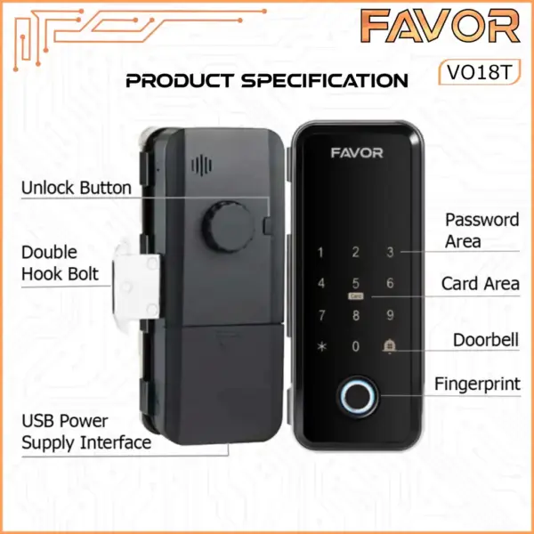 Smart Door Lock Pintu Kaca - Favor VO18T - 03
